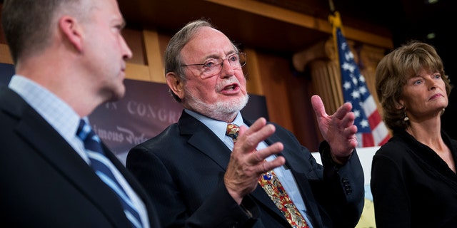 From left, Sen. Dan Sullivan, R-Alaska, Rep. Don Young, R-Alaska, and Senate Energy and Natural Resources Chairwoman Lisa Murkowski, R-Alaska, conduct a news conference in the Capitol's Senate studio on Jan. 26, 2015.