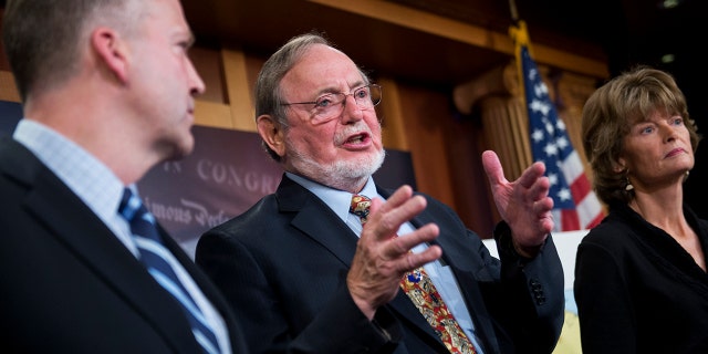 From left, Sen. Dan Sullivan, R-Alaska, Rep. Don Young, R-Alaska, and Senate Energy and Natural Resources Chairwoman Lisa Murkowski, R-Alaska, conduct a news conference in the Capitol's Senate studio on Jan. 26, 2015.