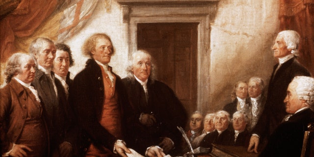 "Declaration of Independence" — here is the detail of a painting by John Trumbell in an undated image.
