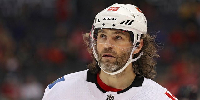 Jaromir Jagr of the Calgary Flames looks on against the Washington Capitals during the third period at Capital One Arena on Nov. 20, 2017 in Washington, DC. 
