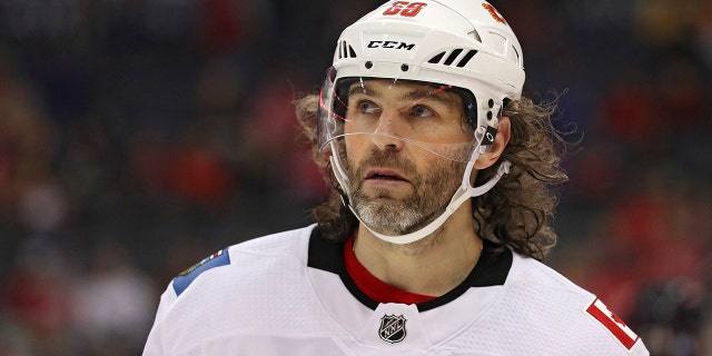 Jaromir Jagr #68 of the Calgary Flames looks on against the Washington Capitals during the third period at Capital One Arena on November 20, 2017, in Washington, D.C.