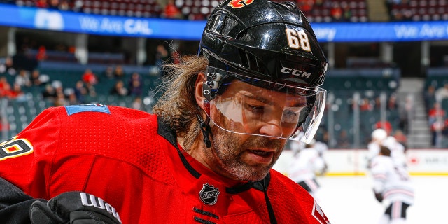 Jaromir Jagr of the Calgary Flames at warm up in an NHL game on Dec. 31, 2017 at the Scotiabank Saddledome in Calgary, Alberta, Canada.