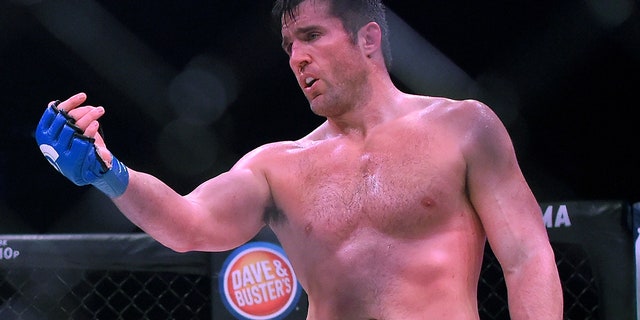 Chael Sonnen stands in the cage as he defeated Quinton Jackson in their heavyweight world title fight at Bellator 192 at The Forum Jan. 20, 2018, in Inglewood, Calif.
