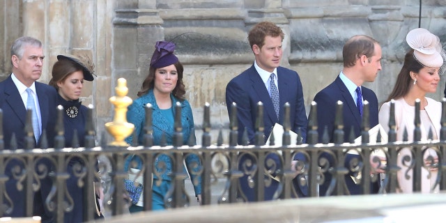 Attending a service at Westminster Abbey on June 4, 2013, to celebrate the 60th anniversary of Queen Elizabeth's coronation are, from left, Prince Andrew, Duke of York, Princess Beatrice, Princess Eugenie, Prince Harry, Prince William, Duke of Cambridge, and Catherine, Duchess of Cambridge.