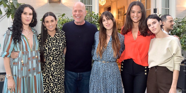 Attending Demi Moore's "Inside Out" book party on Sept. 23, 2019, in Los Angeles, California, are, from left, Rumer Willis, Demi Moore, Bruce Willis, Scout Willis, Emma Heming Willis and Tallulah Willis.