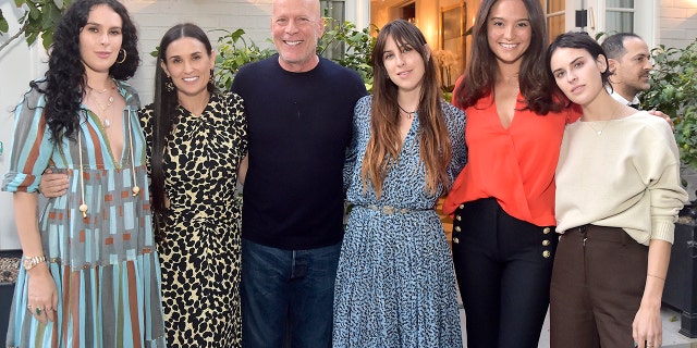 Attending Demi Moore's "Inside Out" book party on Sept. 23, 2019, in Los Angeles, California, are, from left, Rumer Willis, Demi Moore, Bruce Willis, Scout Willis, Emma Heming Willis and Tallulah Willis.