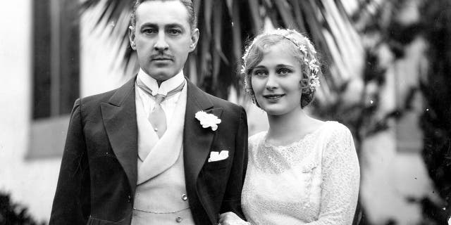 American actor John Barrymore with his first wife, Dolores Costello, on their wedding day, circa 1928.