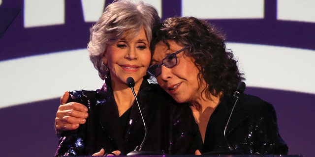 Jane Fonda (L) and Lily Tomlin appear on stage at the 2022 Lo Máximo Awards and Fundraising Gala at JW Marriott Los Angeles L.A. LIVE on March 12, 2022, in Los Angeles, California.