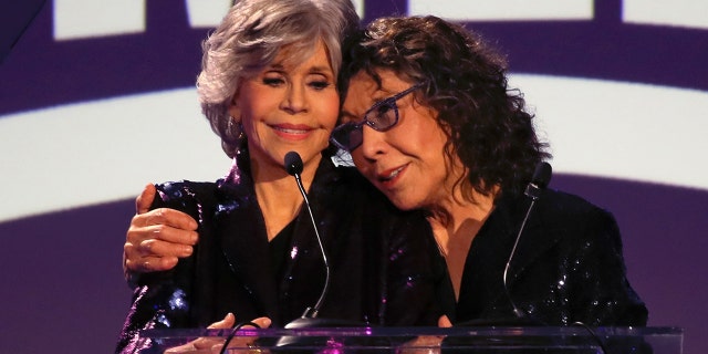 Jane Fonda (L) and Lily Tomlin appear on stage at the 2022 Lo Máximo Awards and Fundraising Gala at JW Marriott Los Angeles L.A. LIVE on March 12, 2022, in Los Angeles, California.