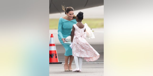Catherine, Duchess of Cambridge during the official arrival at Lynden Pindling International Airport on March 24, 2022, in Nassau, Bahamas.