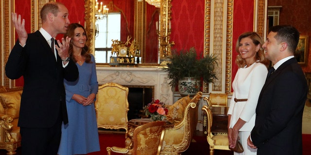 Prince William, Duke of Cambridge and Catherine, Duchess of Cambridge meet Ukraine's President Volodymyr Zelensky and his wife, Olena, during an audience at Buckingham Palace on Oct. 7, 2020, in London, England.