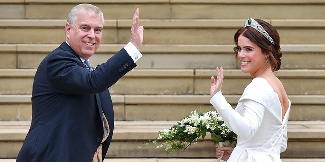 Princess Eugenie accompanied by her father Prince Andrew, Duke of York on her wedding day.