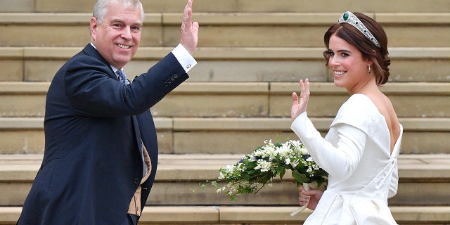 Princess Eugenie accompanied by her father Prince Andrew, Duke of York on her wedding day.