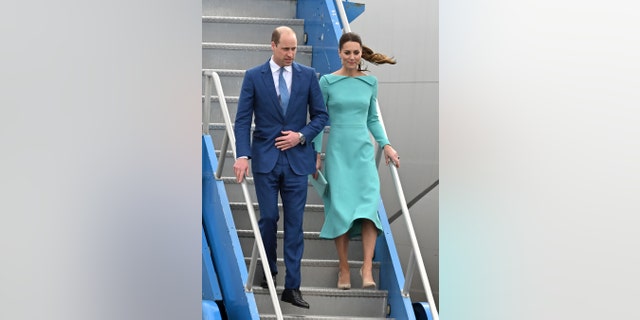 Prince William, Duke of Cambridge and Catherine, Duchess of Cambridge during the official arrival at Lynden Pindling International Airport on March 24, 2022, in Nassau, Bahamas. 