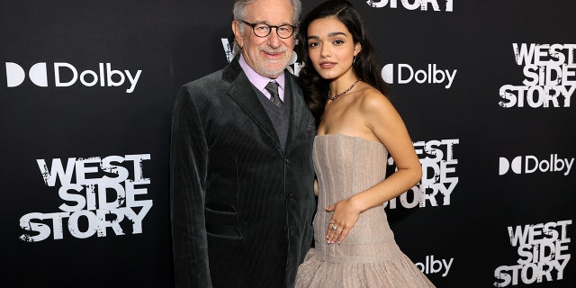 Steven Spielberg (L) and Rachel Zegler attend the New York premiere of West Side Story on November 29, 2021, in New York City.