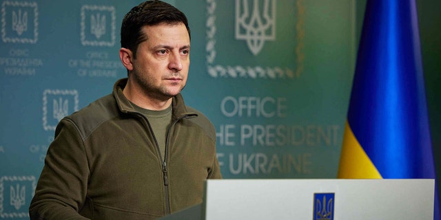 KYIV, UKRAINE - FEBRUARY 25: (EDITORIAL USE ONLY MANDATORY CREDIT - "PRESIDENCY OF UKRAINE/ DOCUMENT" - NO MARKETING, NO ADVERTISING CAMPAIGNS - DISTRIBUTED AS A CUSTOMER SERVICE) Ukrainian President Volodymyr Zelensky holds a news conference on the Russian military operation in Ukraine, February 25, 2022 in Kyiv.