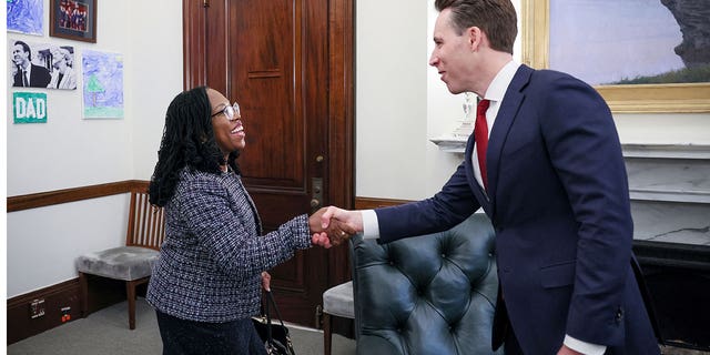 U.S. Sen. Josh Hawley, R-Mo., meets U.S. Supreme Court nominee and federal appeals court Judge Ketanji Brown Jackson in his office at the United States Capitol building in Washington, March 9, 2022. 
