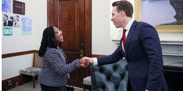 Sen. Josh Hawley, R-Mo., meets U.S. Supreme Court nominee and federal appeals court Judge Ketanji Brown Jackson, in his office at the U.S. Capitol in Washington, D.C., on March 9, 2022.