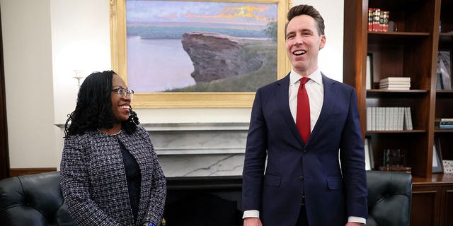U.S. Sen. Josh Hawley, R-Mo., meets U.S. Supreme Court nominee and federal appeals court Judge Ketanji Brown Jackson, in his office at the United States Capitol building in Washington, March 9, 2022. 