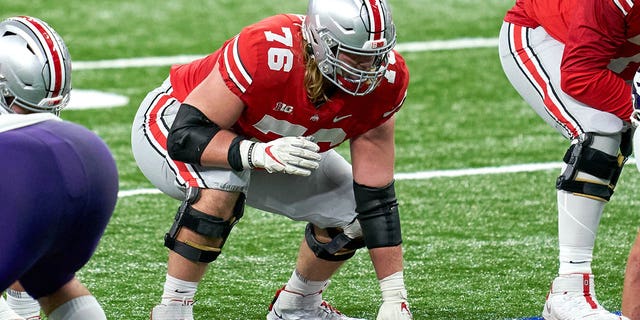 Ohio State Buckeyes offensive lineman Harry Miller in action during the Big Ten Championship game against the Northwestern Wildcats on Dec. 19, 2020, at Lucas Oil Stadium in Indianapolis, Indiana. 