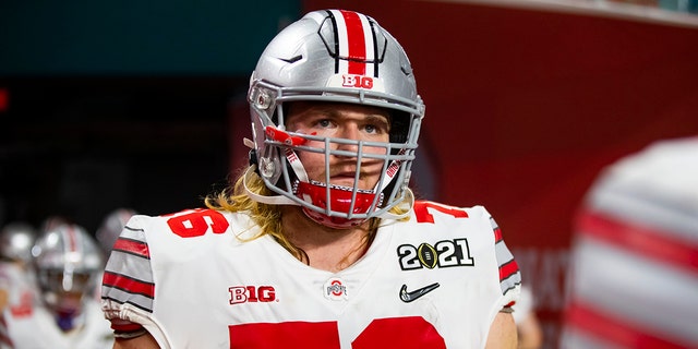 Ohio State Buckeyes offensive lineman Harry Miller against the Alabama Crimson Tide in the 2021 CFP National Championship Game on Jan. 11, 2021, in Miami Gardens, Florida.