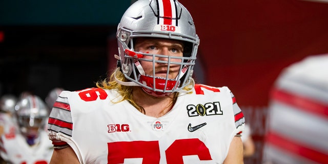 Ohio State Buckeyes offensive lineman Harry Miller against the Alabama Crimson Tide in the 2021 CFP National Championship Game on Jan. 11, 2021, in Miami Gardens, Florida.