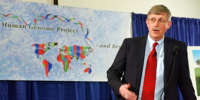 FILE: In this April 14, 2003 file photo, Dr. Francis Collins, director of the National Human Genome Research Institute, announces the successful completion of the human genome project in Bethesda, Md.