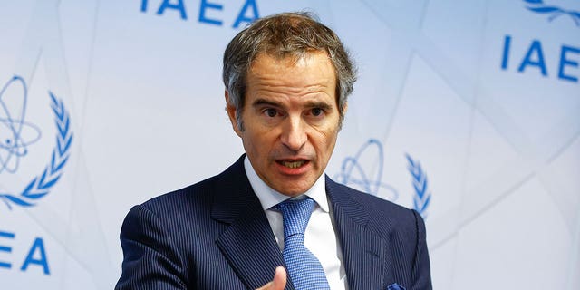 IAEA Director General Rafael Mariano Grossi speaks at a press conference in the headquarters of the IAEA in the Vienna International Center, in Vienna, Austria, Monday, March 7, 2022. 