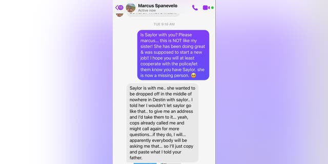 Image provided by Raeann Carli shows text Facebook Messenger exchange between Raeann Carli and her niece's father, Marcus Spanevelo