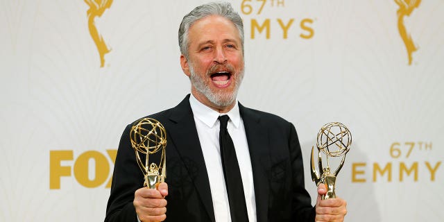 Jon Stewart's 'super-woke' Apple TV+ show a 'flop': Report 4 Jon Stewart holds his awards for Outstanding Writing For A Variety Series and Outstanding Variety Talk Series for Comedy Central's