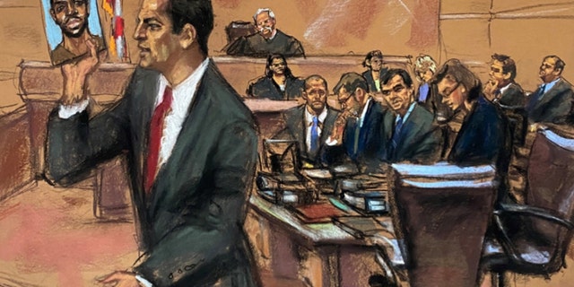 Courtroom sketch of me delivering the opening statement at the 2017 trial of Adnan Ibrahim Harun. (Credit: Matt Jacobs)