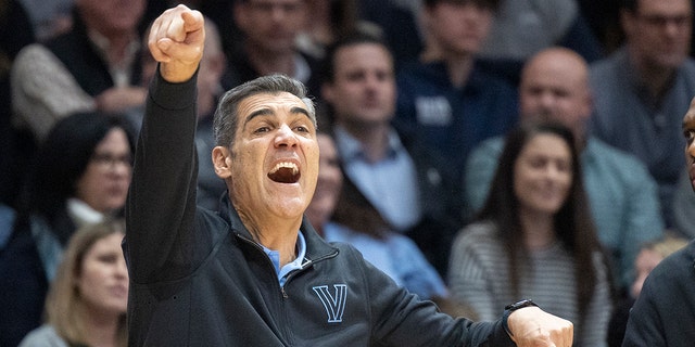 Villanova head coach Jay Wright shouts during the first half of an NCAA college basketball game against Providence, Tuesday, March 1, 2022, in Villanova, Pa.