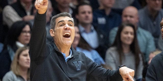 Villanova's head coach Jay Wright shouts during the first half of an NCAA college basketball game against Providence on Tuesday, March 1, 2022 in Villanova, Pa.
