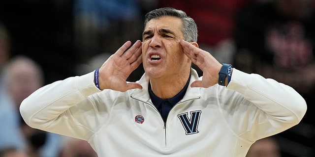 Villanova head coach Jay Wright yells during the first half of a game against Houston in the Elite Eight of the NCAA tournament on March 26, 2022 in San Antonio.