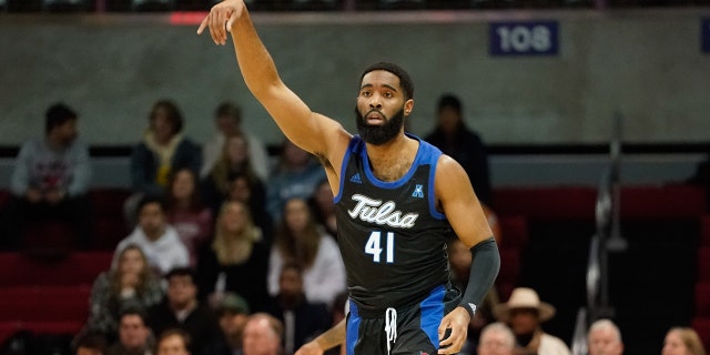 Tulsa Golden Hurricane forward Jeriah Horne reacts after scoring a three point basket against the Southern Methodist Mustangs during the first half at Moody Coliseum Feb. 23, 2022, in Dallas, Texas.