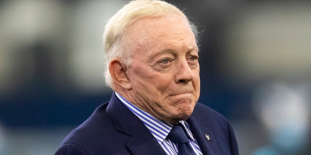 Jerry Jones on the pitch prior to their game against the Carolina Panthers at AT&T Stadium on Oct. 18, 2021, in Arlington, Texas.