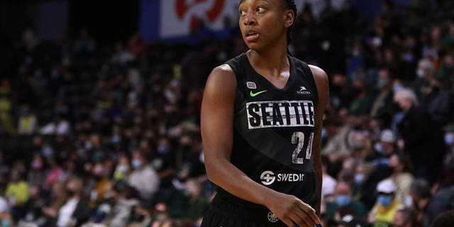 Jewell Loyd of the Seattle Storm during a WNBA game against the Phoenix Mercury Sept. 17, 2021, at the Angel of the Winds Arena in Everett, Wash.