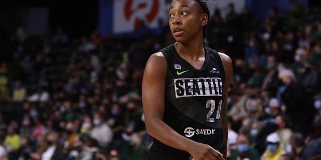 Jewell Loyd of the Seattle Storm during a WNBA game against the Phoenix Mercury Sept. 17, 2021, at the Angel of the Winds Arena in Everett, Wash.