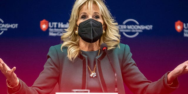 First lady Jill Biden speaks during a panel on cancer during a visit to the Mays Cancer Center, on Feb. 23, 2022, in San Antonio, Texas. 