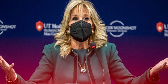 First lady Jill Biden speaks during a panel on cancer during a visit to the Mays Cancer Center, on Feb. 23, 2022, in San Antonio, Texas. 