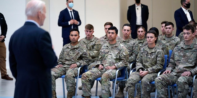 President Biden speaks to members of the 82nd Airborne Division at the G2A Arena, Friday, March 25, 2022, in Jasionka, Poland.