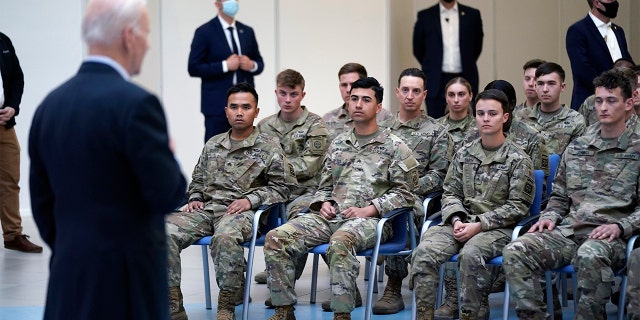 President Biden speaks to members of the 82nd Airborne Division at the G2A Arena, Friday, March 25, 2022, in Jasionka, Poland.