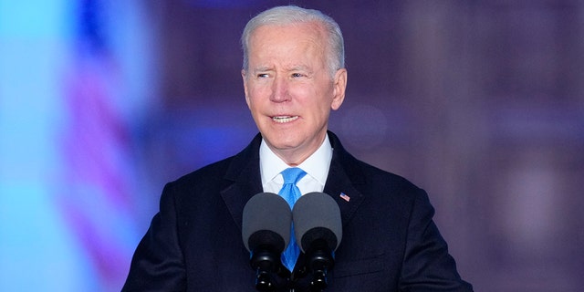 President Biden delivers a speech at the Royal Castle in Warsaw, Poland, Saturday, March 26, 2022. (AP Photo/Petr David Josek)