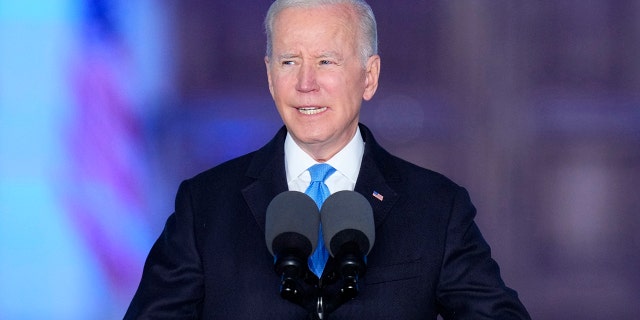 President Biden delivers a speech at the Royal Castle in Warsaw, Poland, Saturday, March 26, 2022. (AP Photo/Petr David Josek)