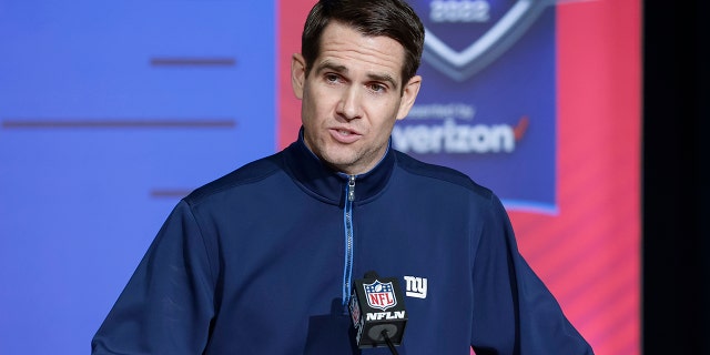 Joe Schoen, general manager of the New York Giants speaks to reporters during the NFL Draft Combine at the Indiana Convention Center on March 1, 2022 in Indianapolis, Indiana.