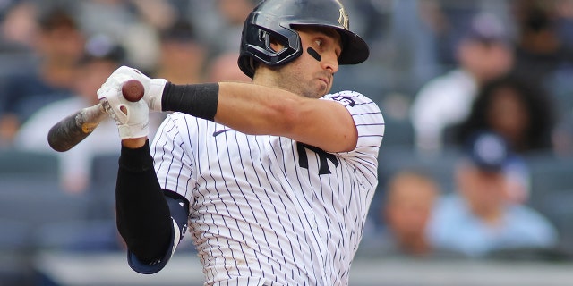Joey Gallo #13 of the New York Yankees in action against the Tampa Bay Rays at Yankee Stadium on Oct. 3, 2021 in New York City. New York Yankees defeated the Tampa Bay Rays 1-0.