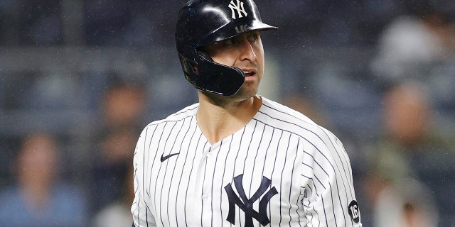 Joey Gallo #13 of the New York Yankees reacts after striking out during the seventh inning against the Texas Rangers at Yankee Stadium on Sept. 21, 2021 in the Bronx borough of New York City.