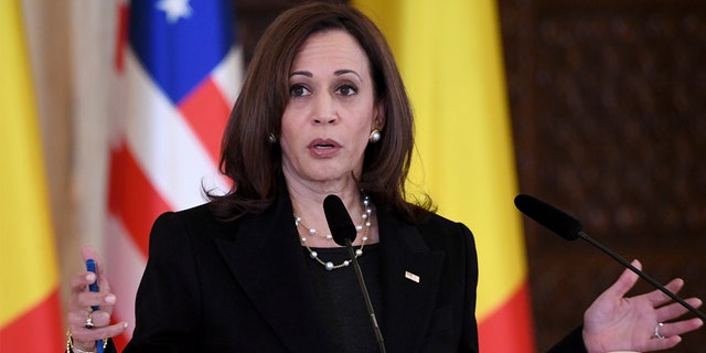 Vicepreședintele Kamala Harris susține o conferință de presă comună în urma întâlnirii cu președintele României Klaus Iohannis la Palatul Cotrosini din Otopeni, România, vineri, 11 martie 2022.