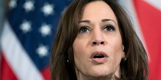Vice President Kamala Harris speaks, March 4, 2022, in her ceremonial office at the Eisenhower Executive Office Building on the White House complex in Washington.