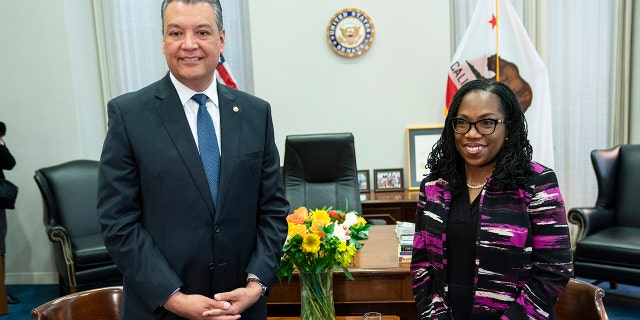 Supreme Court nominee Ketanji Brown Jackson meets with Sen. Alex Padilla, D-Calif., on Capitol Hill, Thursday, March 10, 2022, in Washington. (AP Photo/Evan Vucci)